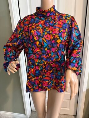 Vintage Nicola Button Down Blouse Shirt 10 Secretary High Collar Womens